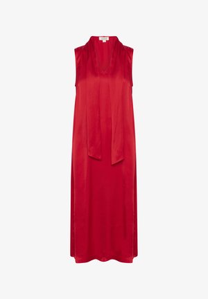 Rød ærmeløs kjole i satin med V-udskæring og draperet forside. Glat tekstur, knælængde og løs pasform.