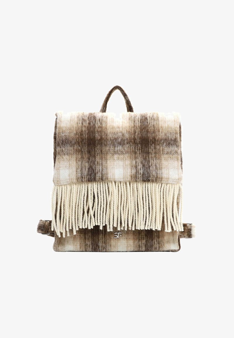 Kootesekott pruunis ja kreemjas värvitoonis, millel on ruuduline mustriga, frankeeritud põhi ja ülemine käepide kandmiseks.