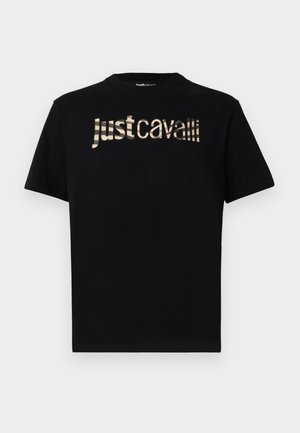 Black cotton t-shirt featuring a distinct, metallic gold "justcavalli" logo across the chest in a stylized font. Short sleeves, crew neck.
