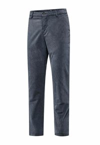 Navy corduroy broek met verticale strepen, voorzien van een rits, knoopsluiting en voorzakken. Gladde textuur en tapered slim-fit ontwerp.