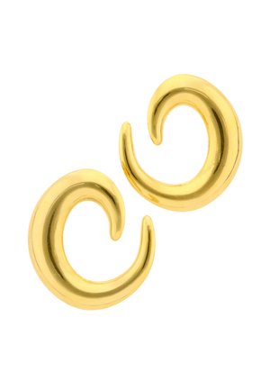 Set van twee gladde, gepolijste gouden oorbellen in spiraalvorm met open uiteinden, ontworpen voor gepiercete oren.