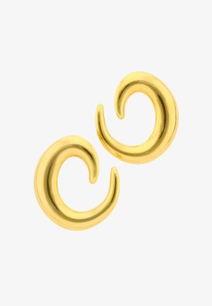 Set van twee gladde, gepolijste gouden oorbellen in spiraalvorm met open uiteinden, ontworpen voor gepiercete oren.