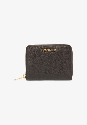 Brown leather wallet with a textured finish, featuring a gold logo at the front and a zip closure with a gold hardware accent.