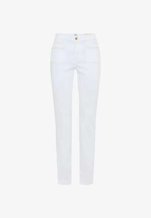 Weiße, eng anliegende Hose mit Fronttaschen, geflochtenem Besatz und einem goldenen Knopfverschluss am Bund, auf einem schlichten Hintergrund präsentiert.