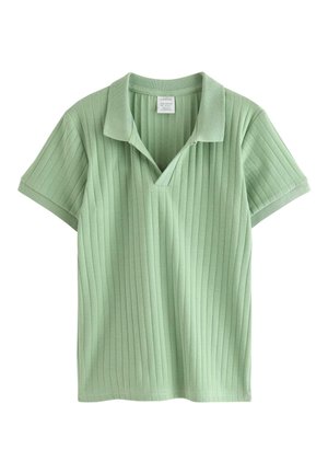 Lysegrøn, kortærmet ribstrikket poloshirt med en blød krave og en let V-formet åbning, vist fladt på en hvid baggrund.