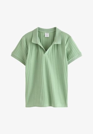 Lysegrøn, kortærmet ribstrikket poloshirt med en blød krave og en let V-formet åbning, vist fladt på en hvid baggrund.