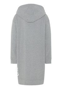 Abito felpa grigio con cappuccio, maniche lunghe, orlo dritto e stampa laterale. Realizzato in morbido tessuto testurizzato.