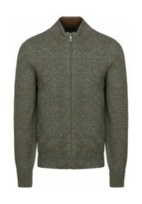 Gebreide ritstrui in een gestructureerde olijfgroene tint, met een hoge kraag en geribde manchetten, en een gladde binnenvoering.