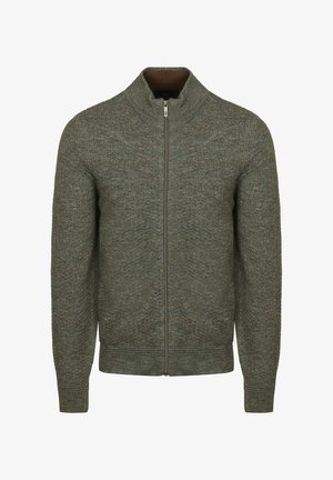 Knitted zip-up sweater in a textured olive green hue, featuring a high collar and ribbed cuffs, with a smooth interior lining.
