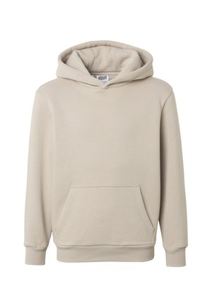 Sweat à capuche en coton beige avec poche kangourou à l'avant, poignets et ourlet côtelés, et capuche attachée.
