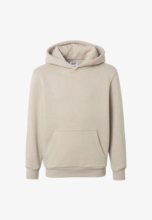 Sweat à capuche en coton beige avec poche kangourou à l'avant, poignets et ourlet côtelés, et capuche attachée.