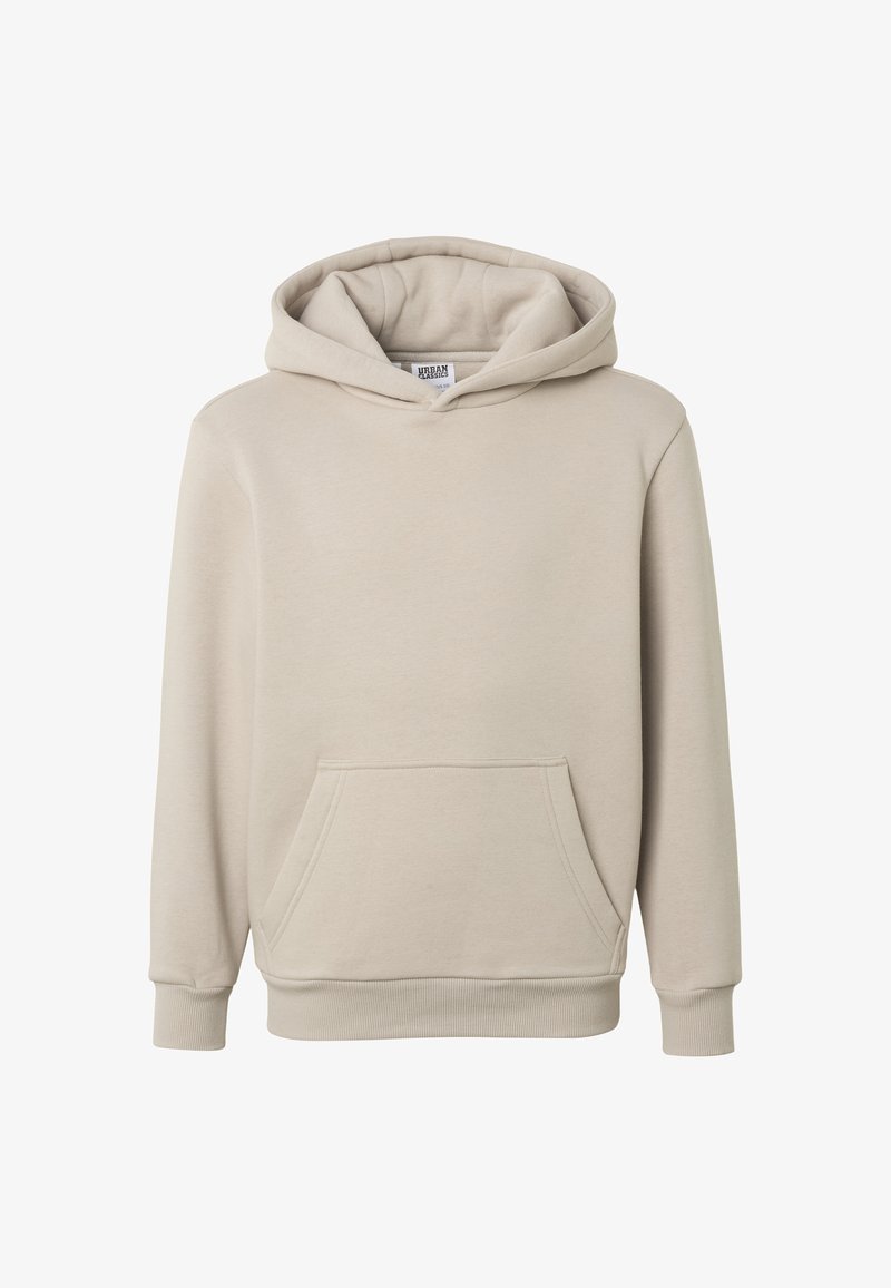 Sweat à capuche en coton beige avec poche kangourou à l'avant, poignets et ourlet côtelés, et capuche attachée.