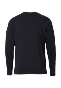 Schwarz langärmliges T-Shirt aus weichem Stoff, mit klassischem Rundhalsausschnitt und einer glatten, gleichmäßigen Textur ohne sichtbare Muster.