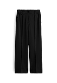 Pantaloni a gamba larga neri realizzati in un tessuto liscio, dotati di tasche anteriori, chiusura con bottone e pinces per una maggiore struttura.