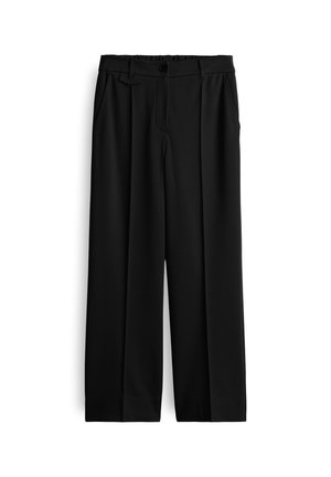 Pantaloni a gamba larga neri realizzati in un tessuto liscio, dotati di tasche anteriori, chiusura con bottone e pinces per una maggiore struttura.