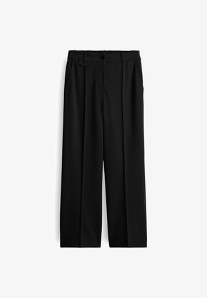 Black wide-leg trousers made of a smooth fabric, featuring front pockets, a button closure, and pleats for added structure.