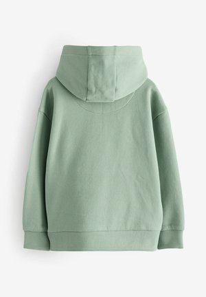 Mikina s kapucí v jemné zelené tkanině, s kulatým zadním švem, dlouhými rukávy a žebrovanými manžetami a lemem. Minimalistický design.