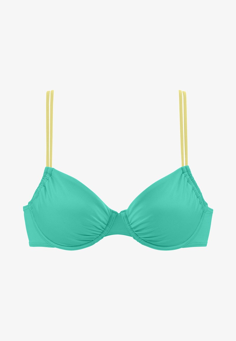 Teal bikini top met gevoerde cups, ruching in het midden en dunne gele bandjes. Gemaakt van een zachte, rekbare stof.