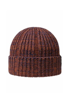 Bonnet tricoté dans des teintes marron et bleu, avec une texture côtelée verticale et un revers replié. Conception durable et ajustée pour la chaleur.