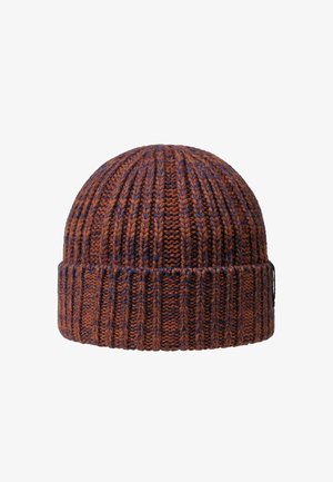 Włóczkowa czapka beanie w brązowych i niebieskich odcieniach, z pionowym ryżowym wzorem i złożonym mankietem. Trwały i dopasowany design zapewniający ciepło.