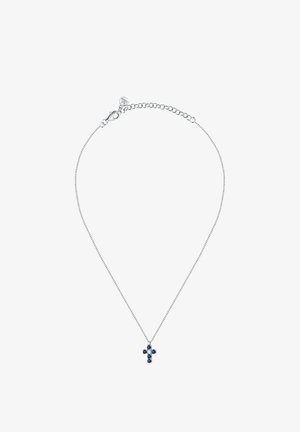 Collana in argento con un piccolo pendente a croce adornato con pietre blu. La catena è sottile e delicata, in armonia con il design del pendente.