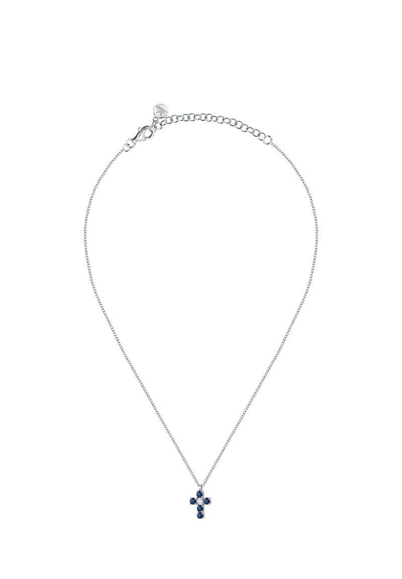 Collana in argento con un piccolo pendente a croce adornato con pietre blu. La catena è sottile e delicata, in armonia con il design del pendente.