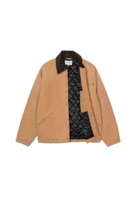 Giacca di cotone beige con colletto in corduroy marrone, dotata di chiusura con zip, due tasche laterali e fodera trapuntata nera.