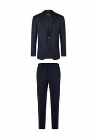 Navyblaues Anzugset mit einem taillierten Blazer und einer Zwei-Knopf-Verschluss sowie passenden schmal geschnittenen Hosen. Glattes Material mit subtiler Textur.