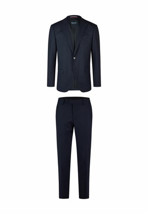 Navyblaues Anzugset mit einem taillierten Blazer und einer Zwei-Knopf-Verschluss sowie passenden schmal geschnittenen Hosen. Glattes Material mit subtiler Textur.