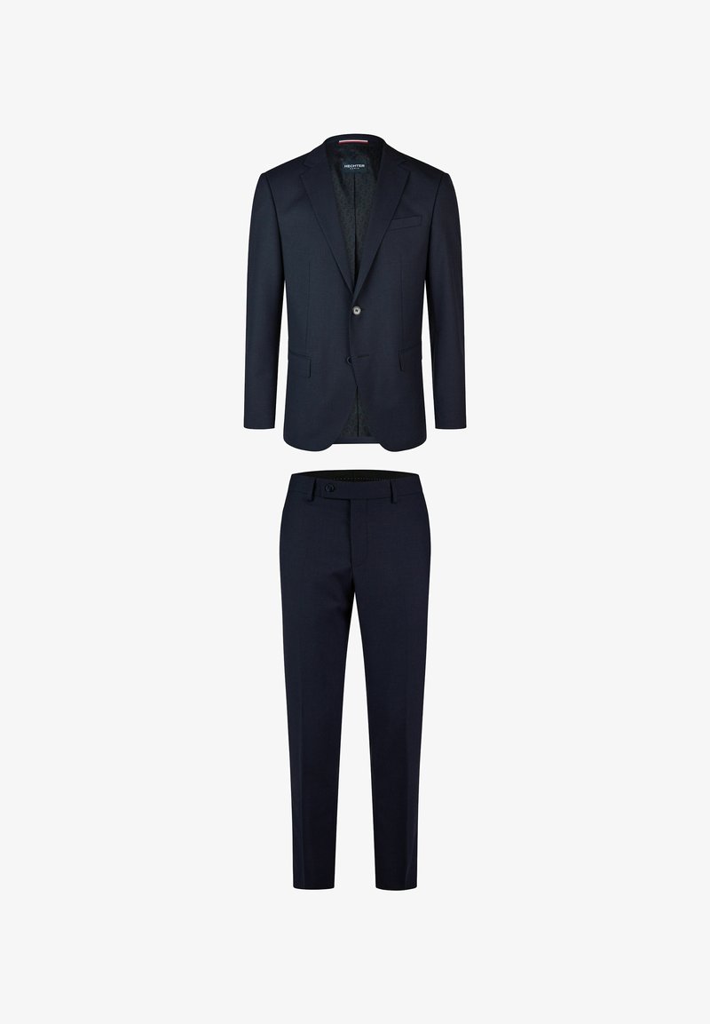 Navyblaues Anzugset mit einem taillierten Blazer und einer Zwei-Knopf-Verschluss sowie passenden schmal geschnittenen Hosen. Glattes Material mit subtiler Textur.