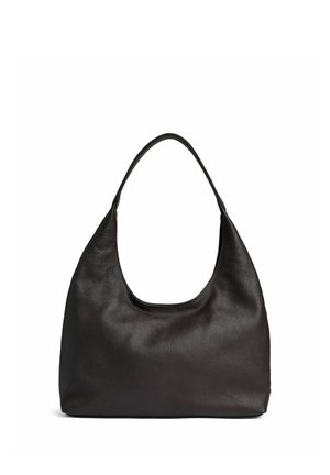 Geantă de umăr din piele neagră, cu mâner curbat și un corp dreptunghiular moale și lejer, pe un fundal alb.