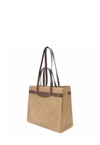 Brown jute tote bag with leather handles, rectangular shape, textured surface, two long straps, and a leather accent at the top.