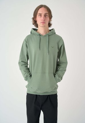 Green hoodie with a front pocket, drawstring hood, and a small logo on the chest. Made from soft fabric, featuring a relaxed fit.