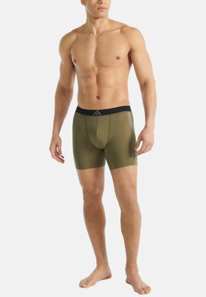 Grüne Stoff-Boxershorts mit einem schwarzen elastischen Bund, der mit einem Logo versehen ist; enganliegendes Design, glatte Textur und Standard-Beinlänge.