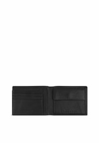 Black leather wallet with multiple card slots on the left, an ID window on the right, and embossed brand name near the bottom.