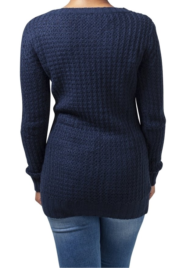 Navy blue knitted sweater with textured pattern, long sleeves, and a boat neckline, featuring ribbed hem and cuffs.