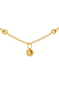 Collana in oro con perle tonde, texture liscia e design a maglie alternate. La perla centrale è leggermente più grande.