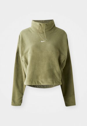 Olive green cropped fleece pullover with high neck, drawstring, and front logo. Features long sleeves and a textured finish.
