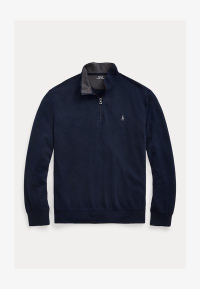 Navy blue sweatshirt with a quarter-zip collar, soft texture, and ribbed cuffs. Features a small logo on the chest and contrasting inner collar.