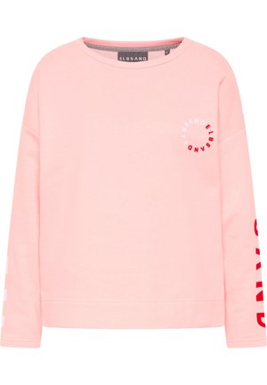 Lyserød langærmet sweatshirt med cirkulært hvidt og rødt "ELBSAND" logo på brystet og rød tekst på højre ærme.