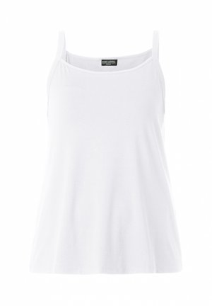 Witte mouwloze cami-top met dunne schouderbandjes en een rechte halslijn, weergegeven tegen een effen achtergrond.