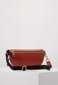 Röd läder crossbody-väska med en zip-fack, guld detaljer och en avtagbar svart rem. Slät textur, böjd form.