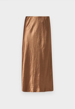Brown midi skirt made of textured, shiny fabric with a smooth waistband. Features a straight cut with a subtle crinkle finish.