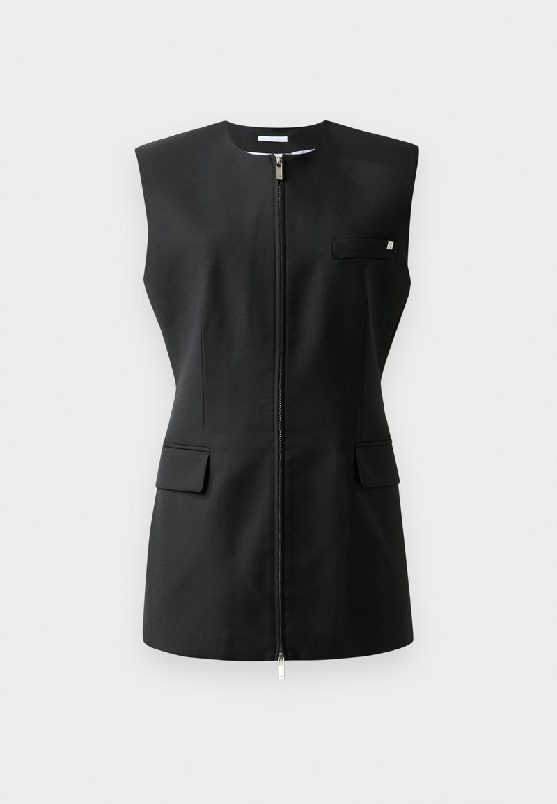 Black sleeveless jacket with a front zip closure, two front pockets, and a small accent detail. Made from smooth fabric.