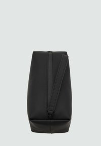 Black bag made of smooth material, featuring a zip closure and a side strap, with a minimalistic rectangular shape and no visible patterns.