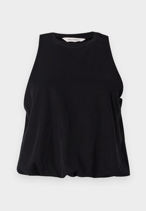 Črna brezrokavnik iz mehkega materiala, z okroglim izrezom in ohlapnim krojem, ki se nežno spušča na robu. Brez vidnih vzorcev ali dodatkov.