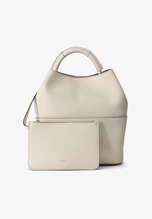 Borsa a mano in pelle cremosa con manici arrotondati e pochette abbinata staccabile con cerniera, etichettata "Furla" in lettere dorate.
