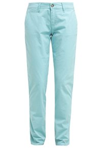 Ljusblå bomullsbukser med rak bendesign, med en framknappslåsning och bältesöglor. Mjuk textur med minimal detaljering.