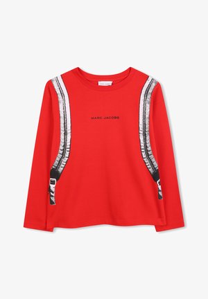 Rode lange mouwen t-shirt met een grafisch zwart-wit bandontwerp en de tekst "MARC JACOBS", gemaakt van katoen.