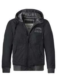 Schwarze Kapuzenjacke mit durchgehendem Reißverschluss, zwei großen Seitentaschen, gerippten Bündchen und gesticktem Text auf der Brust. Glatte Stoffoberfläche.